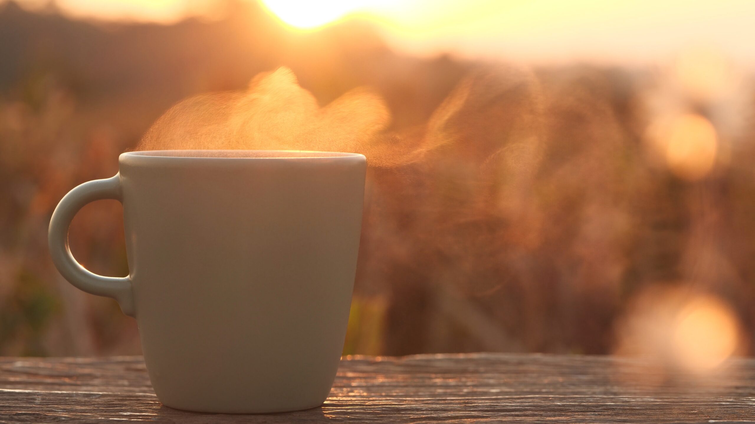Close up coffee cup. Stunning steam rising from steaming mug of coffee set atop table against Montana nature scene in morning sunlight.